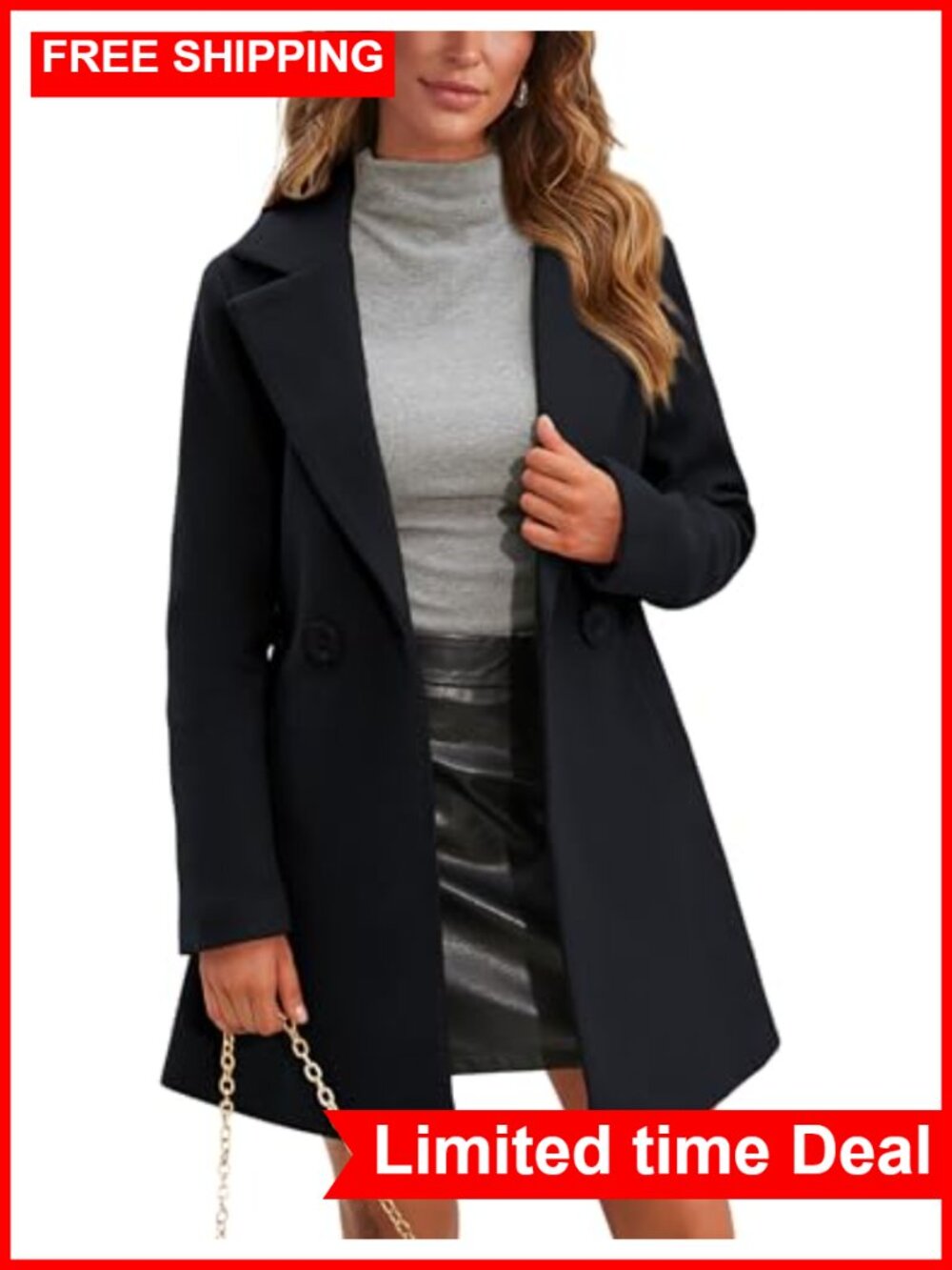 Wool Blend Double Breasted Pea Coat Notch Lapel Trench Winter Coat